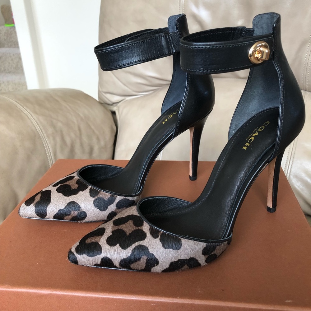 Coach Housten Ocelot Ankle Strap D’Orsay Heels 8.5